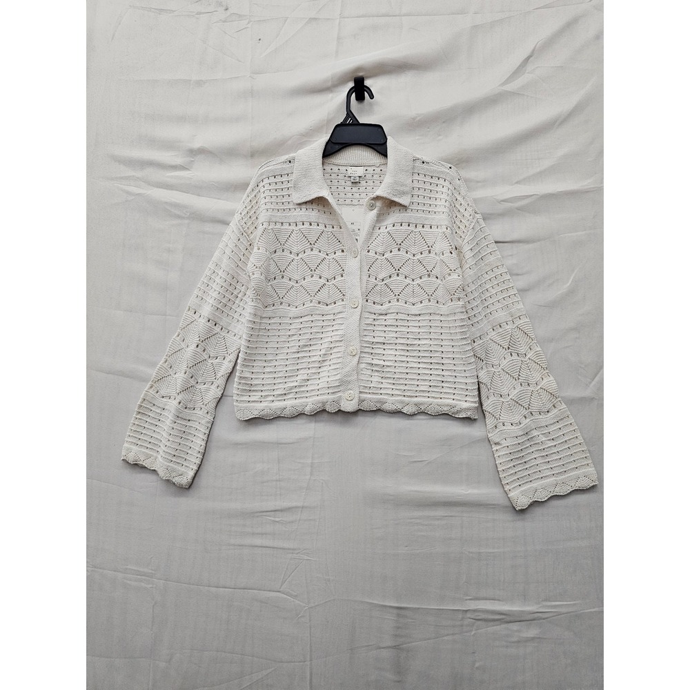A New Day Womens Pointelle Cardigan Sweater Cream Cotton Blend Casual Size XS